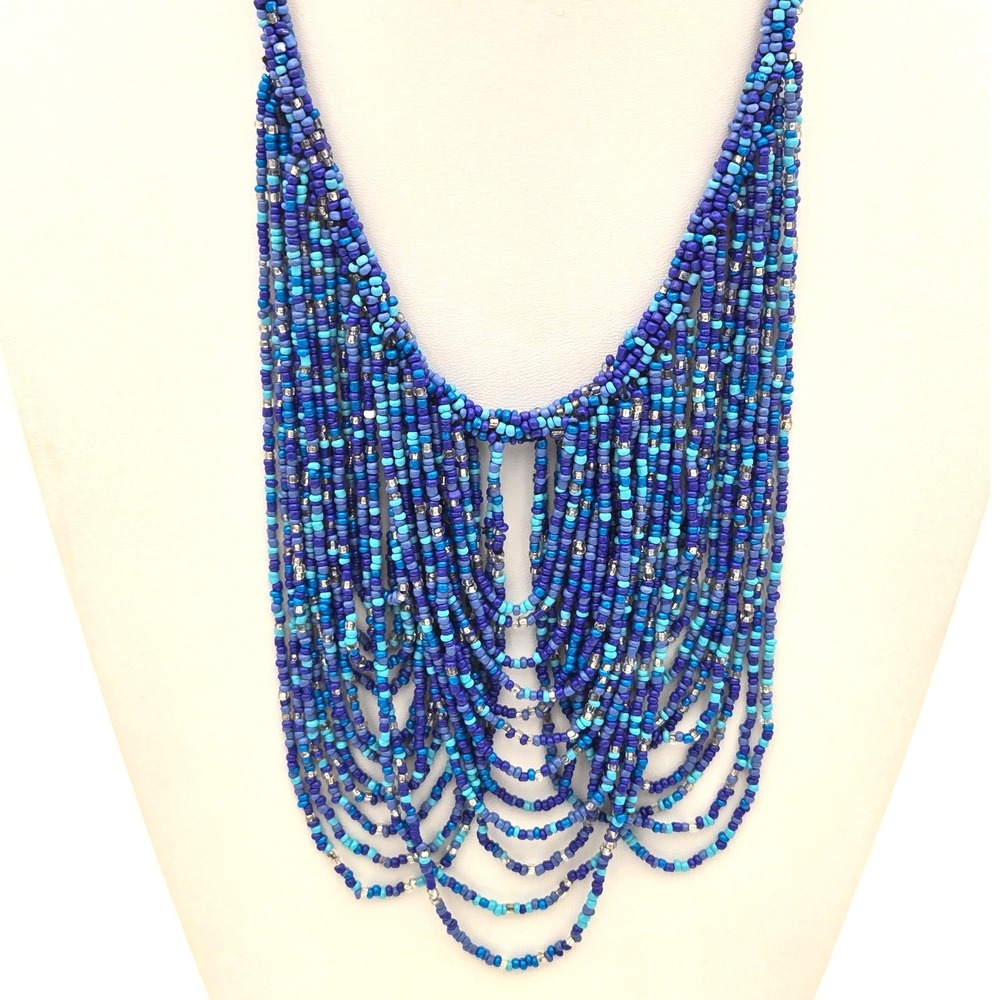 Chicos Blue Seed Bead Multi Strand Statement Bib Necklace Silver Tone Clasp